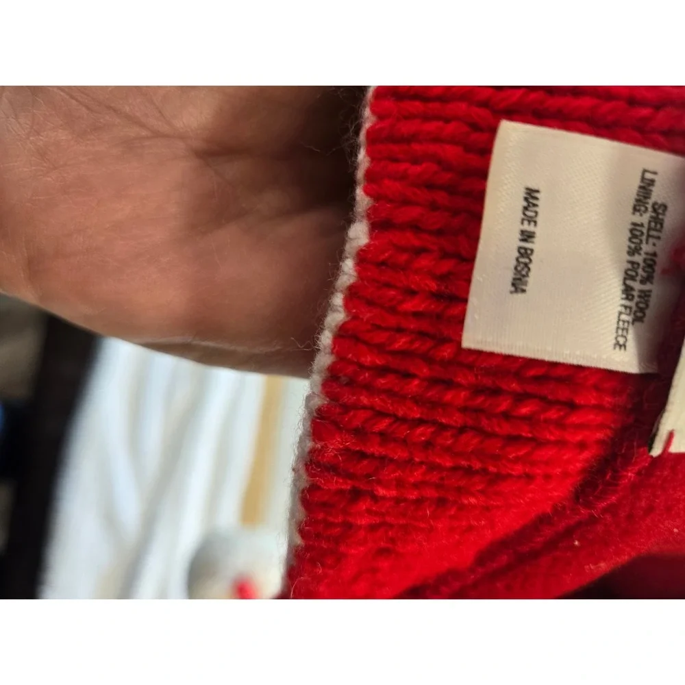 Kate Spade Bah Hum Bug Red Wool Fleece Lined Earflap Hat Pom Pom Beanie